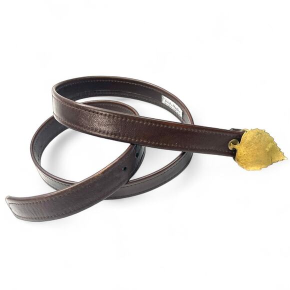 Vintage Belt 1970\'s Whimsical  Unisex Brass Leaf Buckle S Small Brown Leather main image 6
